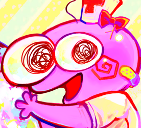a highly saturated digital painting of pim dressed in a nurse outfit holding a large syringe filled with a colouful substance.