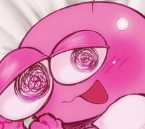 a dakimakura style illustration of pim. pim is shown lying on white sheets fully clothed, looking at the view with a calm and smiley expression.