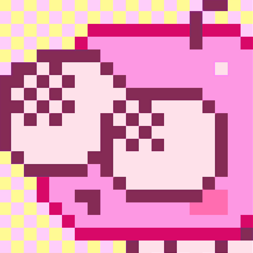 a pixel illustration of four of charlie (top left), pim (top right), glep (bottom left) and allan (bottom right). intended to be used as a cross stitch pattern.